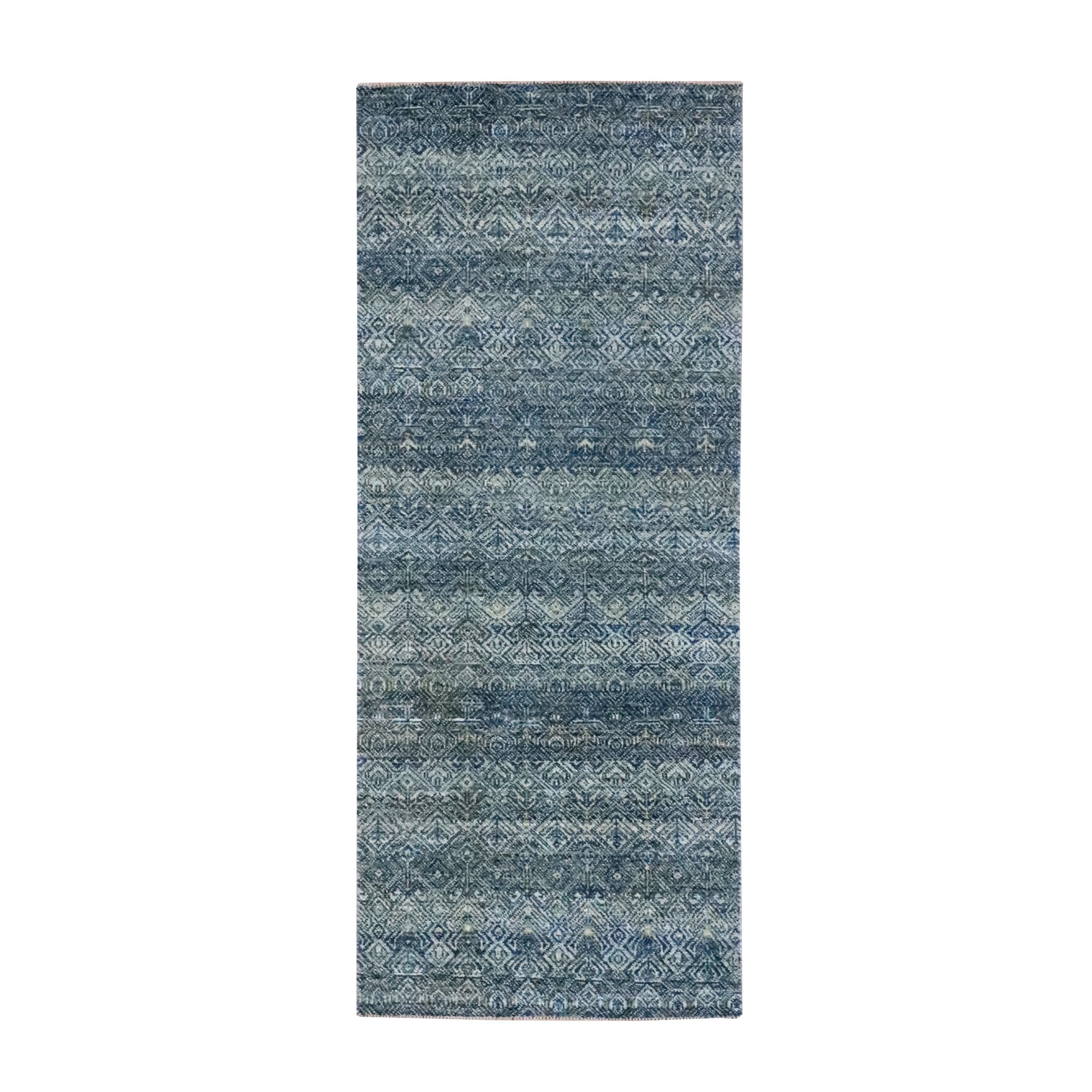 2'6"x6'1" Ocean Blue, Small Geometric Repetitive Diamond Design, Tone on Tone, Kohinoor Herat Pattern, Soft Wool, Hand Knotted, Runner, Oriental Rug 
